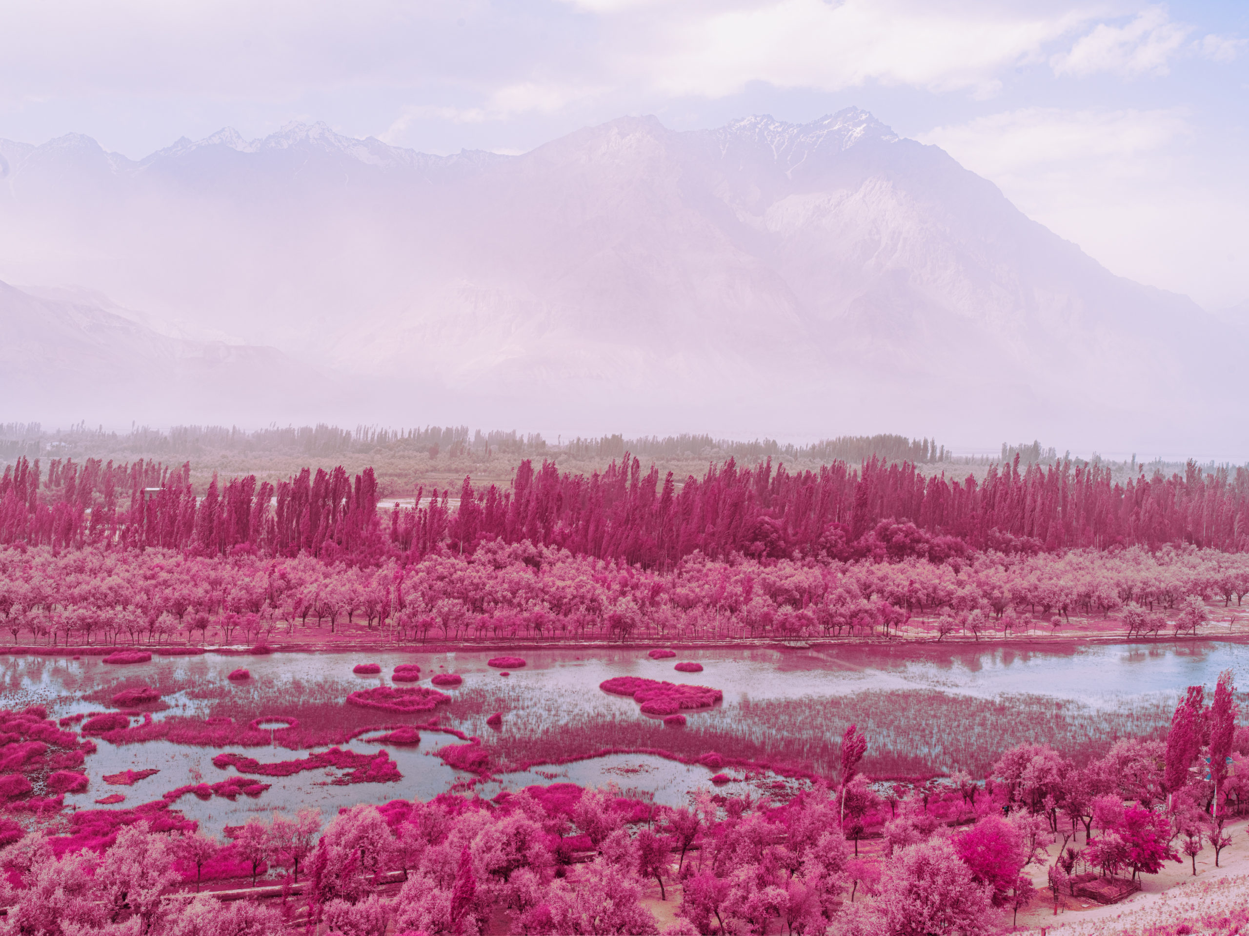 A view of the river running through Katpana desert shot in infrared.